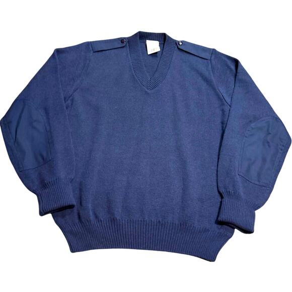 Military Mehlin Estey Sweater V Neck Wool Elbow Patches Air Force Mens 46R Blue - Picture 1 of 8